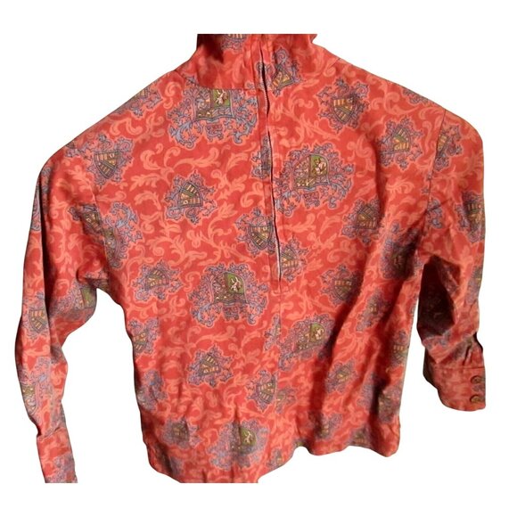 Girls 8 Vintage Shirt Coral Paisley Print Half Zip Pullover Shirt Heraldic Print - Picture 2 of 5
